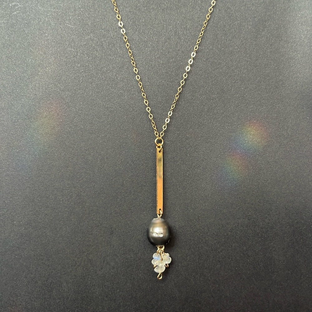 24” Tahitian Pearl, Moonstone Bar Drop Necklace